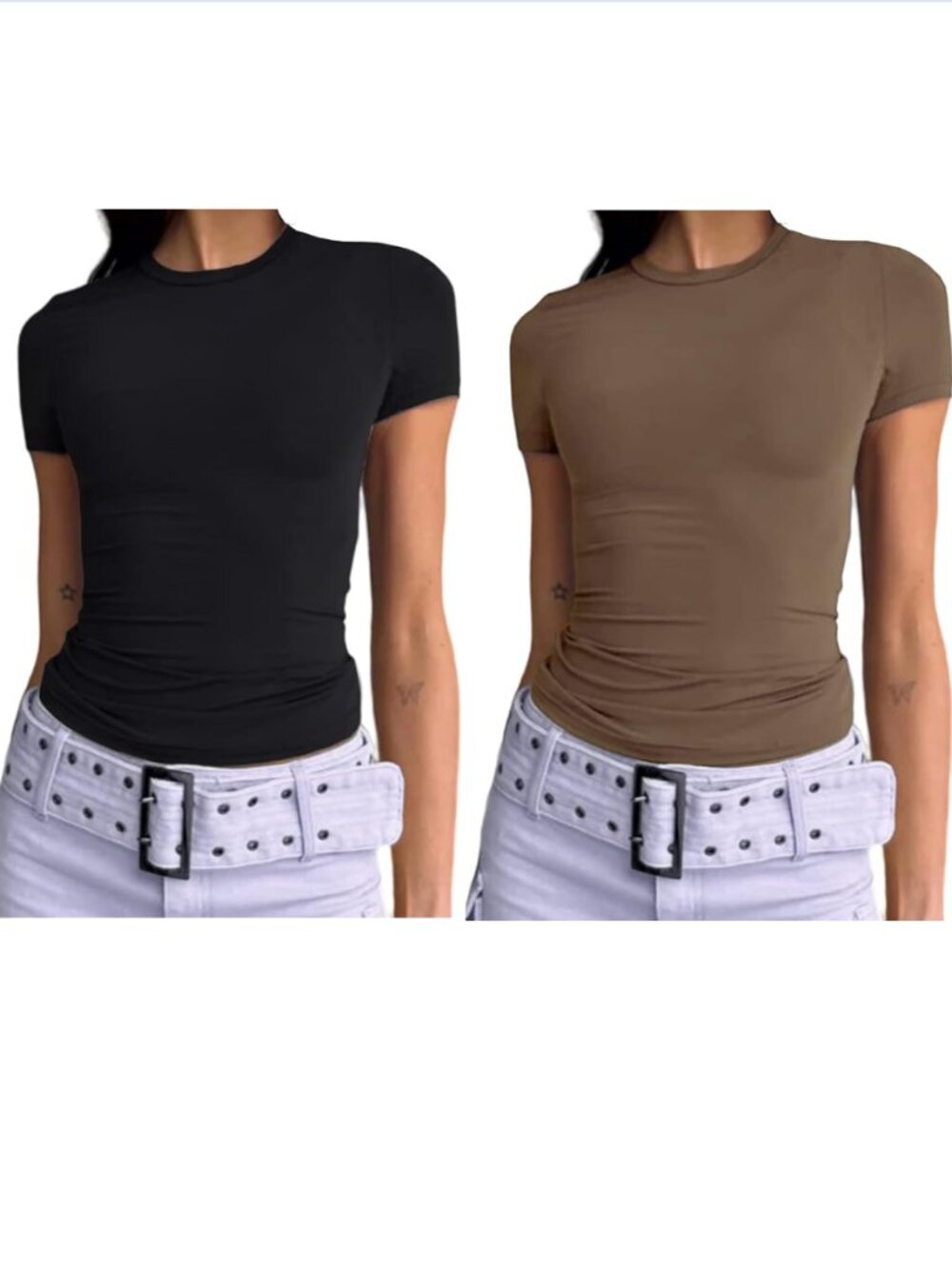 DWNVAL 2-Piece Short Sleeve Tee Crew Neck Slim Fit Crop T Shirts Bundle Size M